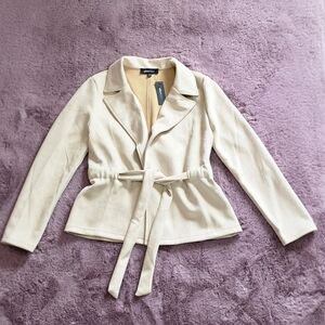 Alice Blue Buttercream Faux Suede Belted Jacket For Women